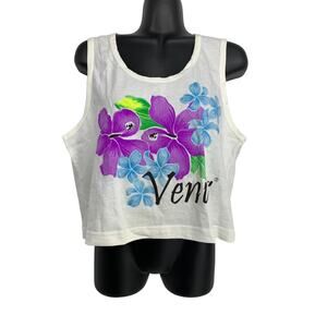 VTG 90s Venus Tank Top Cropped Womens Sz M/L Blue Purple Plumeria Flowers